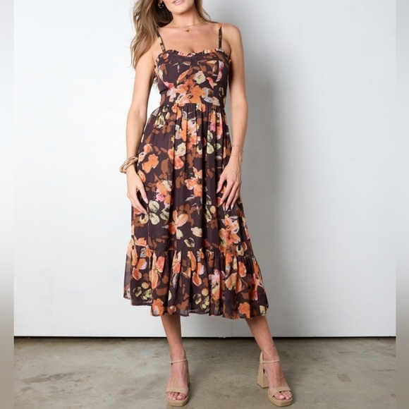 Storia Dresses & Skirts - Storia Sheer Floral Brown printed Midi dress Bustier Ruffled Hem Large Strapless